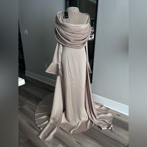 Elegant Taupe Satin Evening Gown - Long Draped Dress